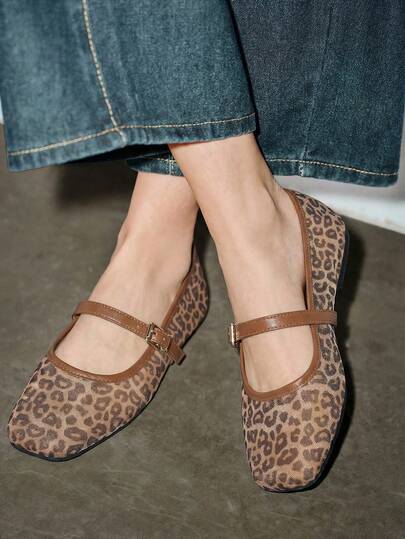 豹纹网眼透气女士平底凉鞋，玛丽珍芭蕾平底鞋，轻便舒适方头镂空休闲一脚蹬鞋