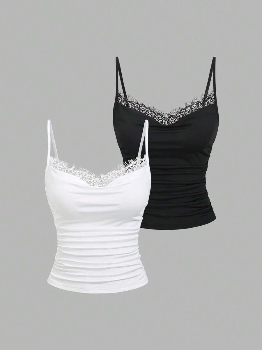Sweetra 法式优雅简约吊带背心套装，腰部褶皱设计，蕾丝拼接胸部，性感迷人，清爽百搭，通勤必备时尚女款吊带背心 - 黑與白 - 查看 1