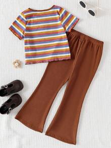 Genkimix Kids Young Girl' Cute Vacation Colorful Striped Purple Embroidered Rib Flare Pants Set - Brown - View 2
