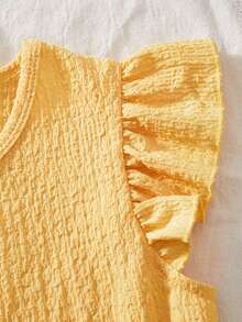 两件套女童针织纹理圆领泡泡袖上衣搭配印花直筒裤，休闲度假风，适合春夏日常穿着及度假。 - 黃色 - 查看 3