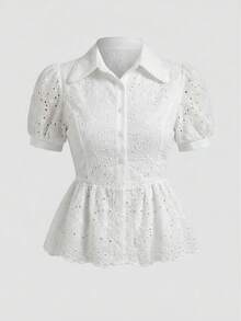 2026 Blusa elegante de verano para mujer con mangas de pétalos huecos y volantes en el bajo - Blanco - Ver 10