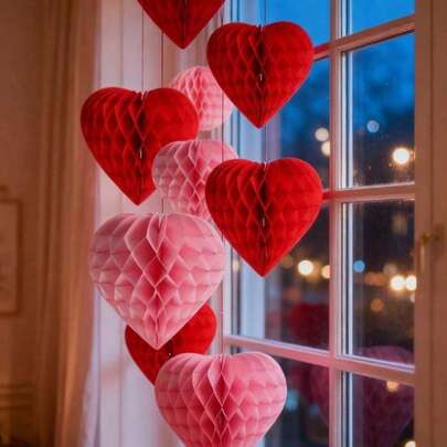 5个/包，15厘米/5.95英寸情人节心形蜂窝纸球，粉色和红色心形装饰，适用于情人节、婚礼、派对装饰