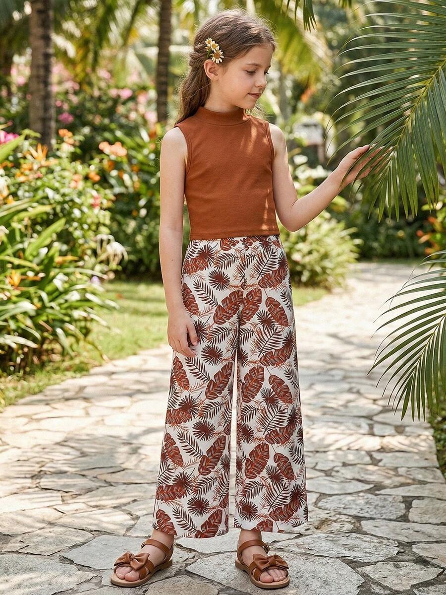 女童棕色罗纹针织无袖上衣+树叶印花直筒裤两件套，休闲日常穿搭，春夏款 - 棕色 - 查看 1