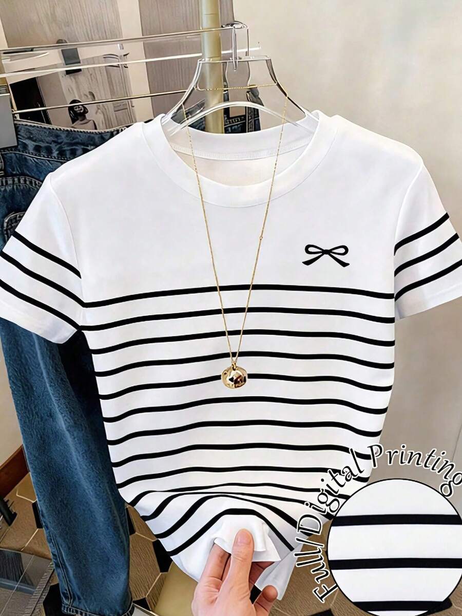 Resyla Women's Casual Striped Bow Crew Neck Short Sleeve T-Shirt, Summer - Multicolor - View 1