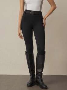 SHEIN With My Calm Women's Spring/Summer Equestrian Pants, Black Skinny 3/4 Length With Waistband, Double Layer Pockets, Suitable For Daily Casual, Running, Yoga, Gym, Tennis, Golf, Horse Riding Black Pants - Black - View 3