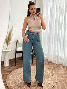 SHEIN Jeans rectos de tiro bajo lavados - Azul lavado medio - Ver 6