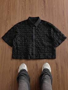 SWAVVY Men's Spring/Summer Mesh Embroidered Short Sleeve Shirt - Black - View 1