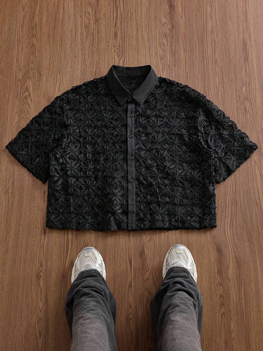 SWAVVY Men's Spring/Summer Mesh Embroidered Short Sleeve Shirt - Black - View 1