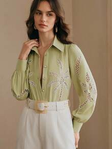 Anewsta Women's Elegant Fashion Vacation/Date Chic Hollow Embroidery Pattern Long Sleeve Blouse, Spring/Summer - Green - View 7