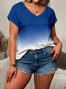 EMERY ROSE 大码女式休闲度假时尚街头日常通勤渐变字母印花V领蝙蝠袖短袖T恤 - 彩色 - 查看 3