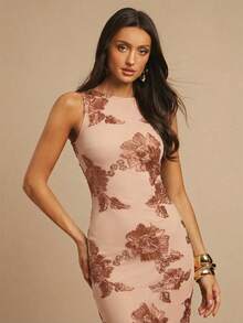 Silquee 3D立体花卉修身简约性感连衣裙 - 棕色 - 查看 5