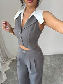 SHEIN Elenzya Elegant Sleeveless Vest & Pleated Pocket Suit Pants Two Pieces Set For Women, Summer - Grey - View 6