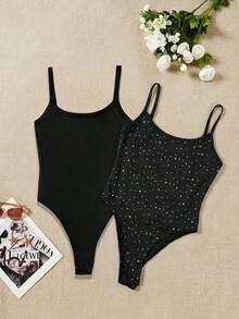 SHEIN EZwear 多件装黑色针织连体衣，休闲日常穿着 - 黑色 - 查看 13