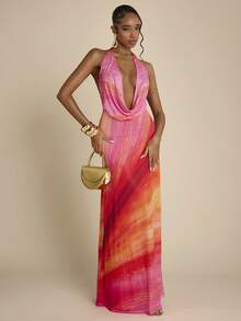 SHEIN BAE Gradient Orange Print Spaghetti Strap Backless Bodycon Dress, Elegant Beach Vacation Dress, Backless Long Dress, Sexy Graceful Dress, Date Dress, Birthday Dress, Date Party, Graceful Printed Dress - Orange - View 1