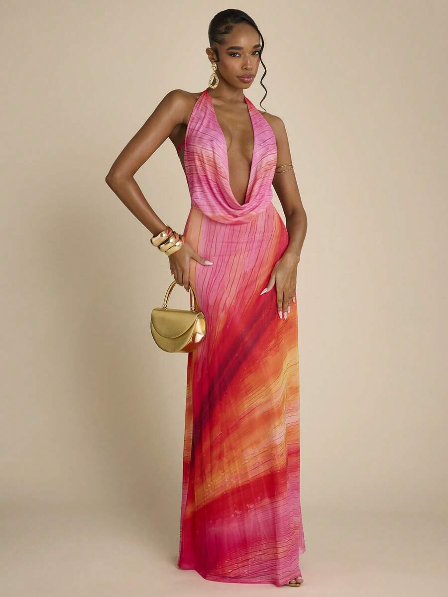 SHEIN BAE Gradient Orange Print Spaghetti Strap Backless Bodycon Dress, Elegant Beach Vacation Dress, Backless Long Dress, Sexy Graceful Dress, Date Dress, Birthday Dress, Date Party, Graceful Printed Dress - Orange - View 1