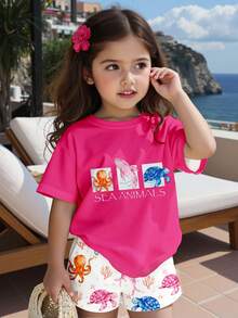 Young Girl Ocean Creature Print T-Shirt And Shorts Set, Casual Vacation Outfit - Hot Pink - View 4