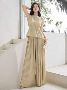 Heiryn Bộ đồ 2 món thiết kế mới gồm áo croptop không tay và quần ống rộng xếp ly, có đai thắt eo, thanh lịch và đa năng, phù hợp mặc hàng ngày và đi làm. - Màu Khaki - Xem 3