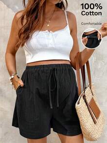 SHEIN Maternity Solid Color Adjustable Waist Pocket Casual Shorts - Black - View 1