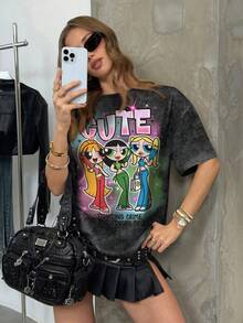 THE POWERPUFF GIRLS X SHEIN 女士休闲字母卡通印花短袖T恤，日常百搭 - 白色 - 查看 3