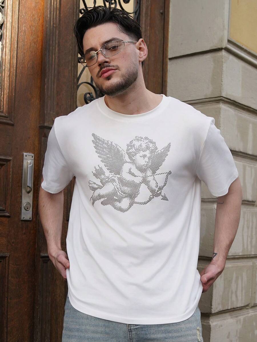 LEOGASHI LEOGASHI Street Style Cupid Angel Print Round Neck Men's T-Shirt For Spring/Summer Outdoor - White - View 1