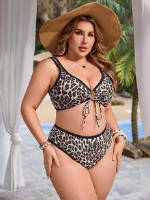Swim Lushoire Plus Size Multicolor Print Halter Neck Hollow Out Tie Front Top And High Waist Triangle Bottom Swimwear Set, Beige Summer Beach Vacation Holiday Sexy - Multicolor - View 4