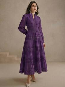 Anewsta 复古V领蕾丝拼接收腰长袖喇叭连衣裙，显瘦优雅高端 - 紫色 - 查看 4