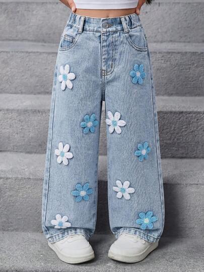 Quần jeans nữ kiểu dáng bạc màu, họa tiết hoa thêu, thời trang, màu trắng tuyết.