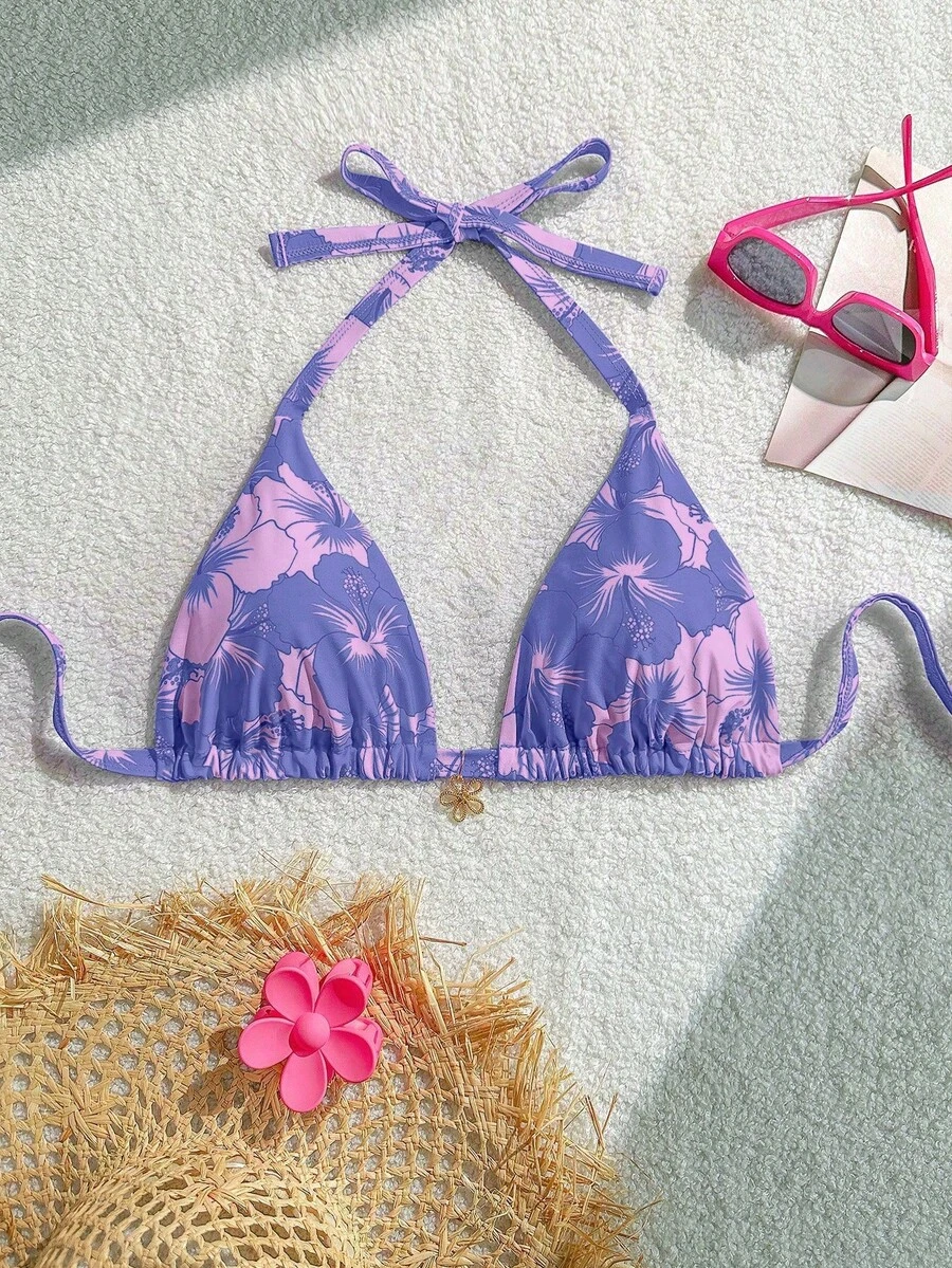 Swim Mod 大码女士热带花卉装饰挂脖比基尼上衣,时尚活力,适合夏季度假 - 淡紫色 - 查看 1