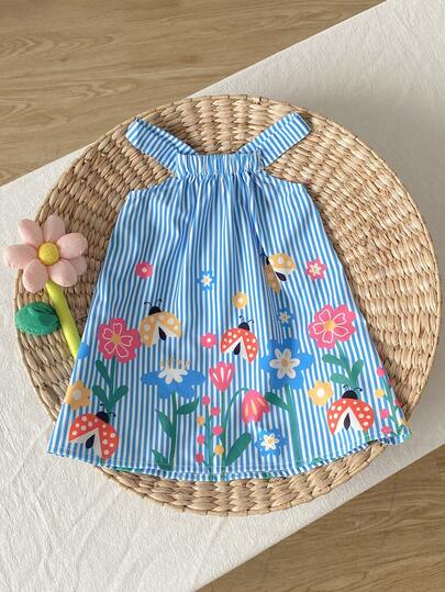 Playful Pals 女婴优雅清新蓝色条纹碎花露背吊带裙，舒适时尚，可爱甜美，优雅休闲，适合度假穿着。是日常必备单品。