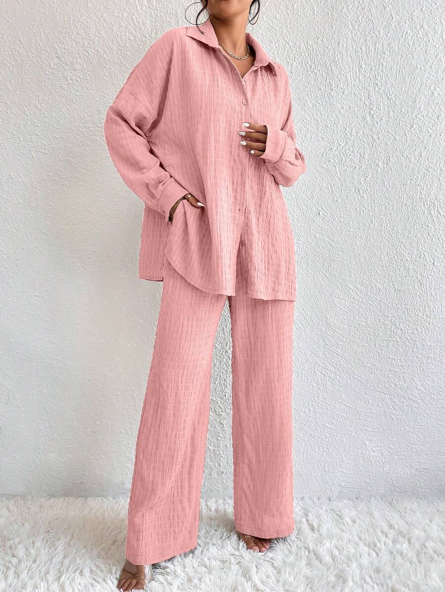 EMERY ROSE Women's Solid Color Single-Breasted Long Sleeve Top And Wide Leg Pants Casual 2 Pieces Set - Pink - View 1