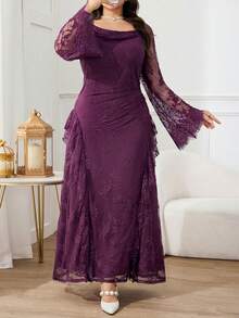 Modelyn Plus Size Solid Color Lace Sheer Long Sleeve Dress - Purple - View 6
