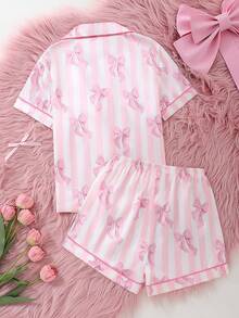 女童蝴蝶结经典条纹仿丝开衫和条纹撞色滚边短裤套装，家居服 - 彩色 - 查看 2