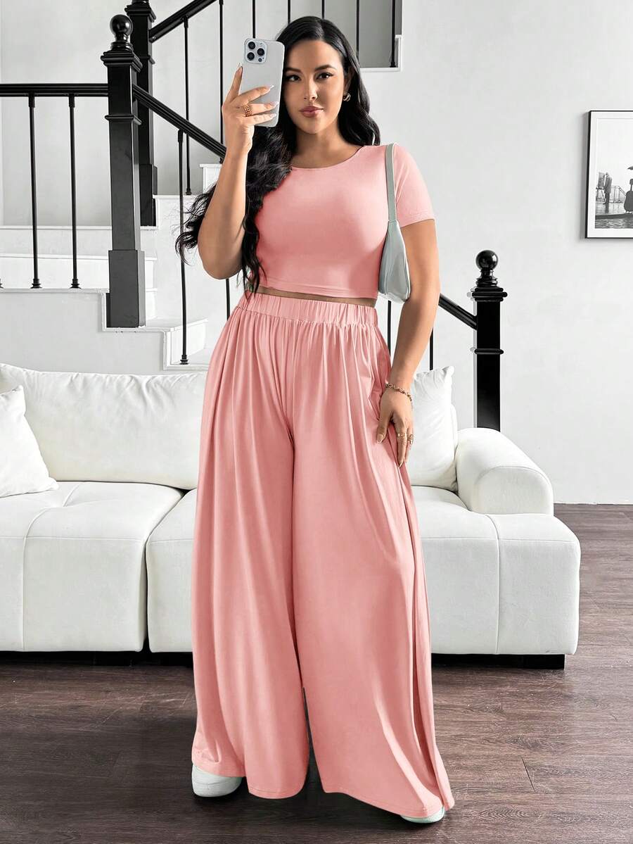 SHEIN Essnce Plus-Size Summer Women's Casual Suit, Wide-Leg Pant Suit,Summer Sets - Pink - View 1