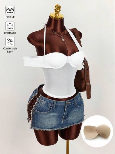 Amplova 2026 New Asymmetric Strap Solid Color Halter Neck Sexy Crop Top For Women