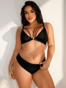 NudeFit 2pcs Plus Size Women Solid Color Metal Front Closure Fashion Lingerie Set - Black - View 7