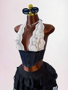 Amplova Women's Y2k Fashionable Sexy Lace Patchwork Open Back Halter Denim Top - Blue - View 7