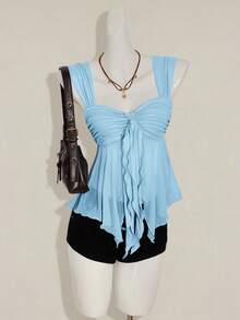 SHEIN ICON Áo hai dây xếp ly viền lưới bất đối xứng dành cho nữ - Màu xanh nhạt - Xem 5