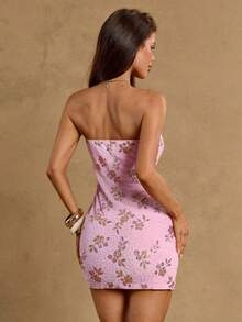 SHEIN BAE Đầm ngắn ôm sát không dây vai, thêu sequin màu hồng, đầm màu hồng - Màu Hồng baby - Xem 2