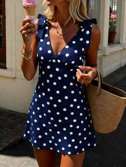 Pariaura Đầm cổ chữ V chấm bi nâu cổ điển với dây đeo nơ / Đầm ôm sát gợi cảm / Đầm ngắn phong cách retro Pháp