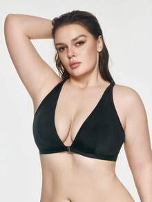 SHAPORA 1pc Black Plus Size Wireless Front-Closure Triangle Cup Bra, Lift And Support For Large Bust - Black - View 5