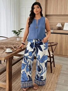 Weeklong Conjunto informal de 2 piezas con estampado floral y decoración de botones para mujer talla grande, primavera/verano - Multicolor - Ver 4