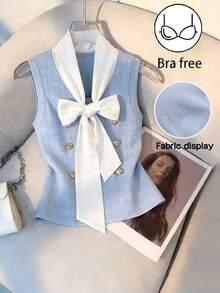 GlowEve 时尚女士蓝色露肩针织背心，饰有蝴蝶结，常规下摆，蝴蝶结服装，女士背心，浅蓝色上衣 - 藍色 - 查看 1