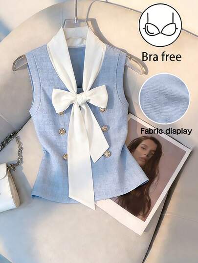 GlowEve Fashionable Women's Blue Cold Shoulder Knitted Tank Top With Bow Detail And Regular Hem Bow Clothes Women Tank Top Baby Blue Top Women