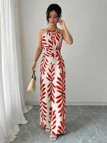 Elenzga petite Women's Elegant Halter Jumpsuit,Beaded Design Linen Fabric Waist Bow Tie Outfit For Summer,Tropical,Holiday,Vacation,Tea Party,Beige,Holiday Outfits - Red - View 4