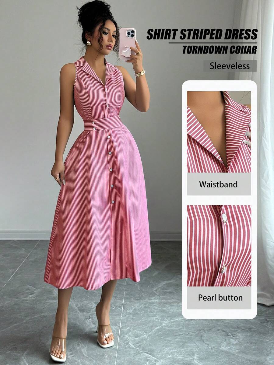 Elenzga 女士优雅休闲通勤条纹连衣裙 - 紅色 - 查看 1