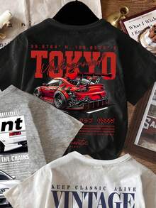 3件套男童休闲简约街头风Y2K汽车图案美式复古运动风宽松舒适短袖T恤，适合夏季穿着 - 彩色 - 查看 3