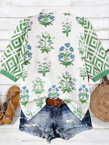 Linhara 大码女式度假泡泡袖V领休闲印花衬衫，春夏波西米亚风复古上衣 - 綠色 - 查看 6