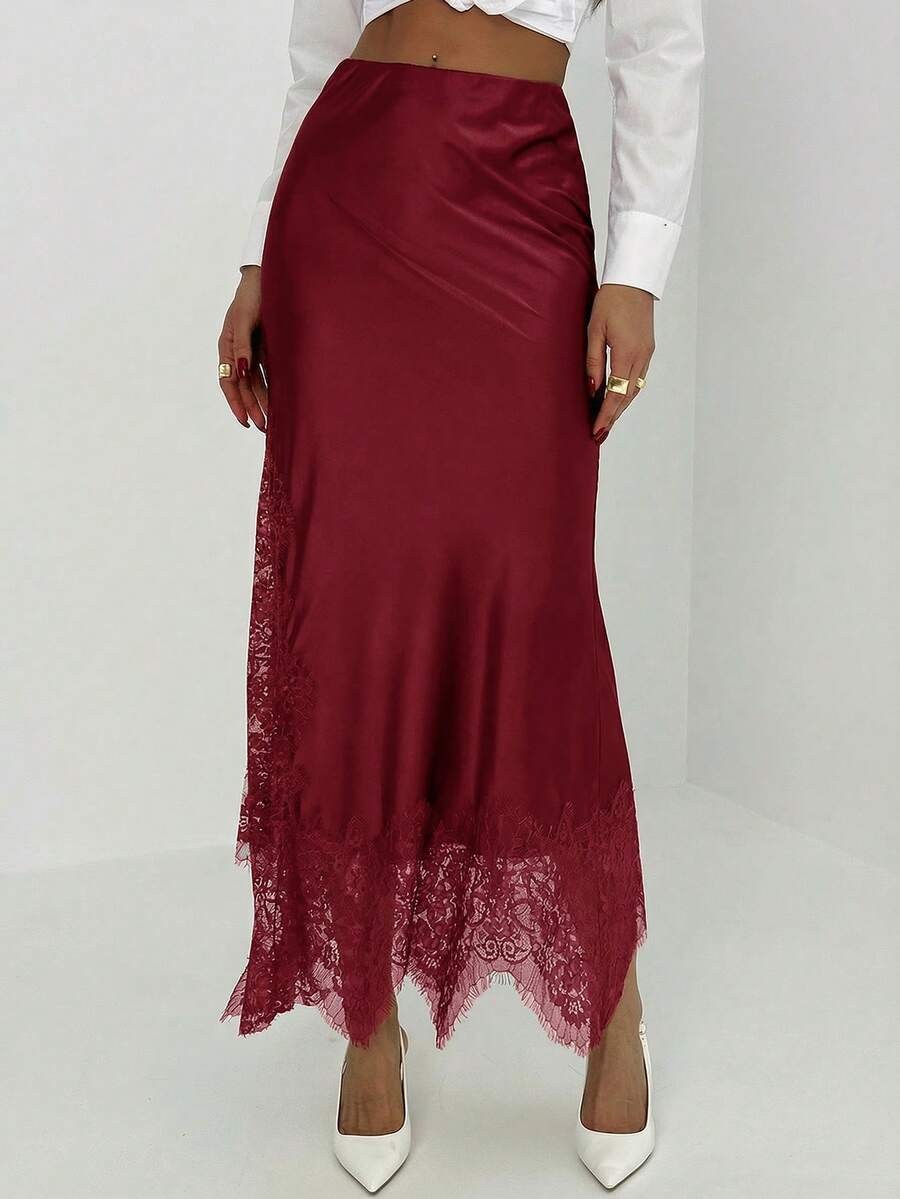 Aloruh Women's Elegant Lace Patchwork Asymmetric Hem Skirt - Burgundy - View 1