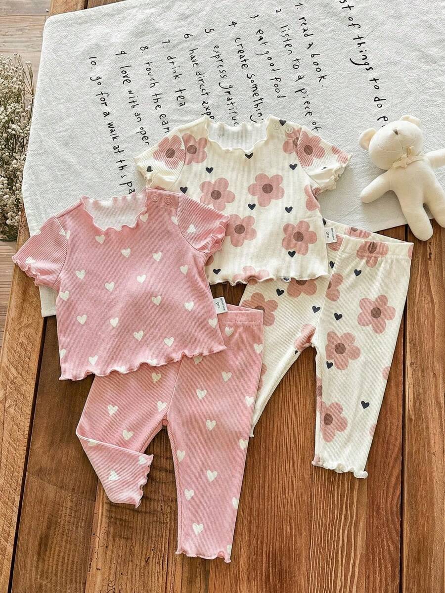 SHEIN LMoss Kids 新生女宝宝四件套休闲碎花荷叶边圆领短袖针织条纹睡衣套装,夏季 - 彩色 - 查看 1