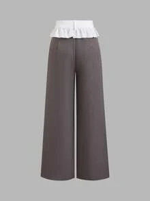 Sweetra Women's 2000s Style Y2K Casual Elegant Sweet Waist Patchwork Color Loose Pants For Spring/Autumn - Grey - View 2